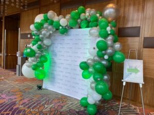Balloon arch with step-and-repeat backdrop.
