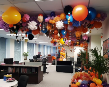 Colorful celebration balloons in Las Vegas, set up with kids playing happily at a party, creating a joyful and vibrant event atmosphere